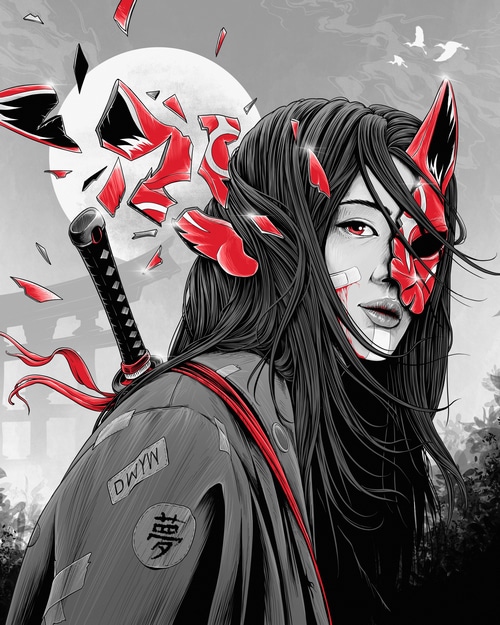Woman with broken mask and katana