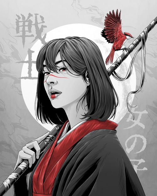 4K drawing of a woman with a bird