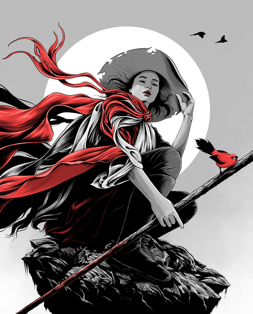 Woman in a large hat with a red scarf and birds