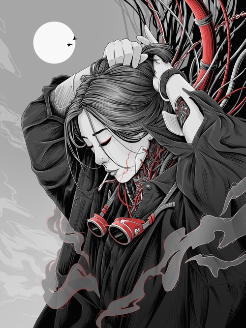 Woman with mechanical parts smoking under the moon