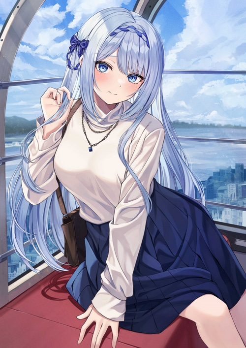 Anime girl with blue hair and eyes on a Ferris wheel