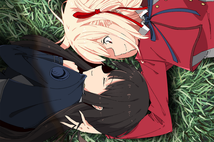 Nishikigi Chisato and Inoue Takina lying on grass