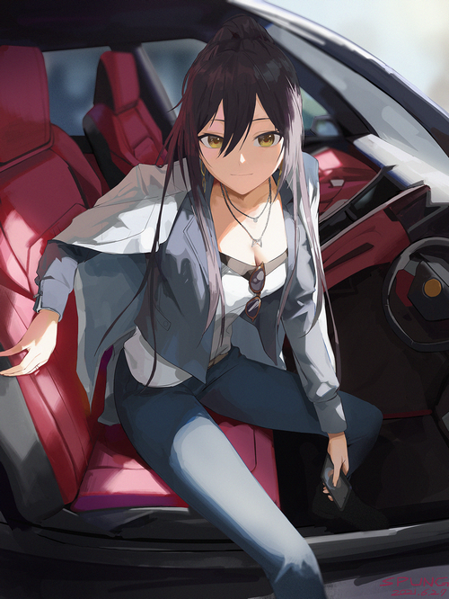 Anime girl sitting in a car