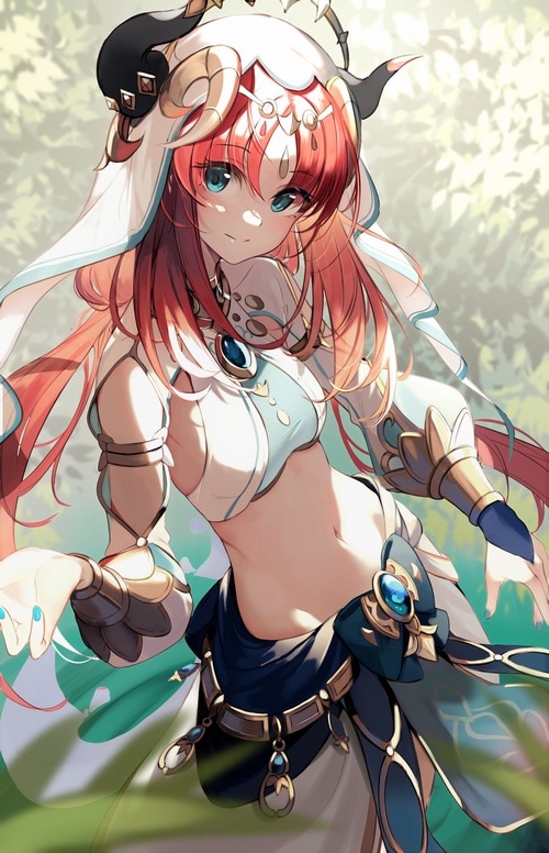 Nilou from Genshin Impact with blue eyes and horns
