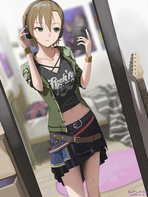 Artwork of a girl with headphones taking a mirror selfie