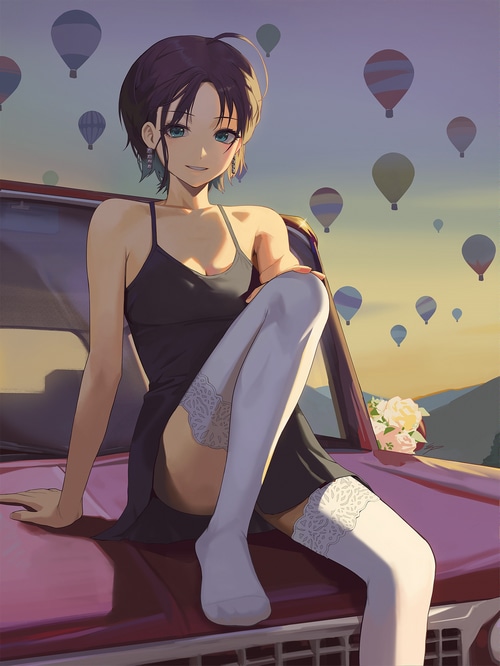 Anime girl in black dress with hot air balloons