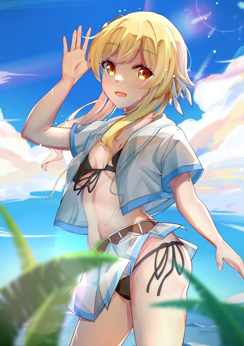 Lumine in a bikini on a beach