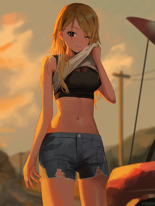 Anime girl lifting her shirt in denim shorts