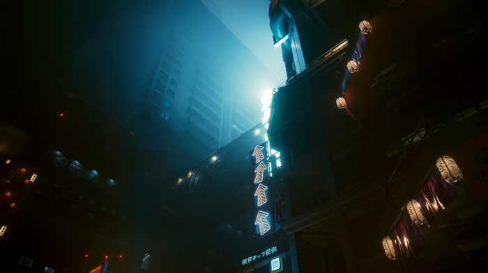 Cyberpunk 2077 neon city street with lanterns