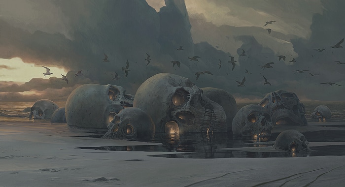 Giant skulls on a beach with birds flying