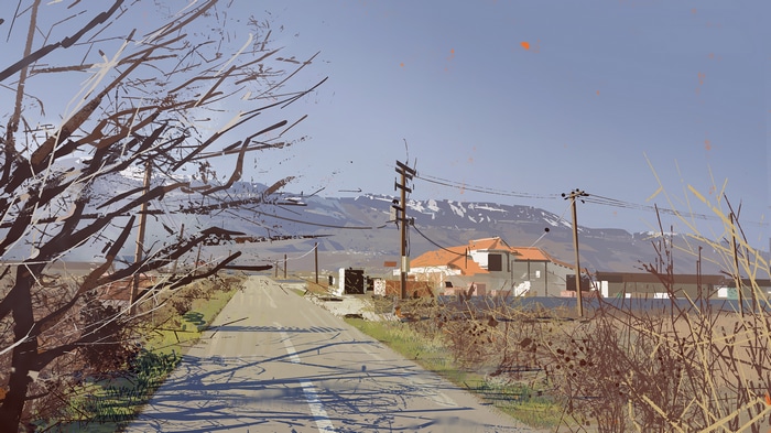 4K painting of a house and mountains