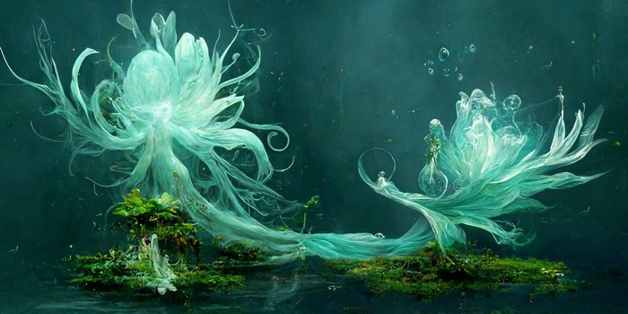 Abstract underwater artwork with ethereal figures