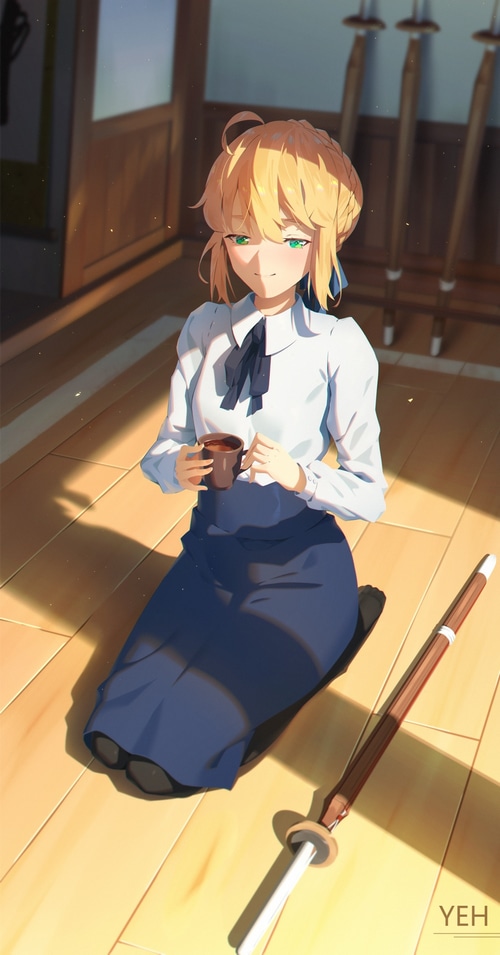 Artoria Pendragon drinking tea with a sword