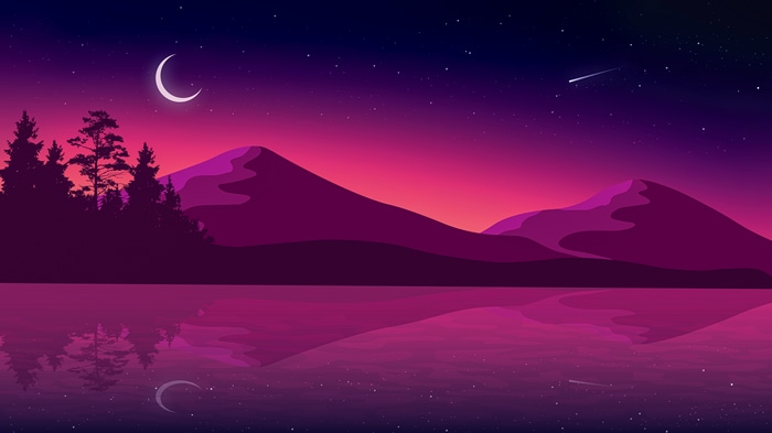 4K night landscape with moon, stars, mountains, and reflection