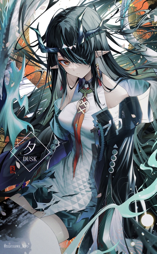 Arknights Dusk with horns and pointy ears