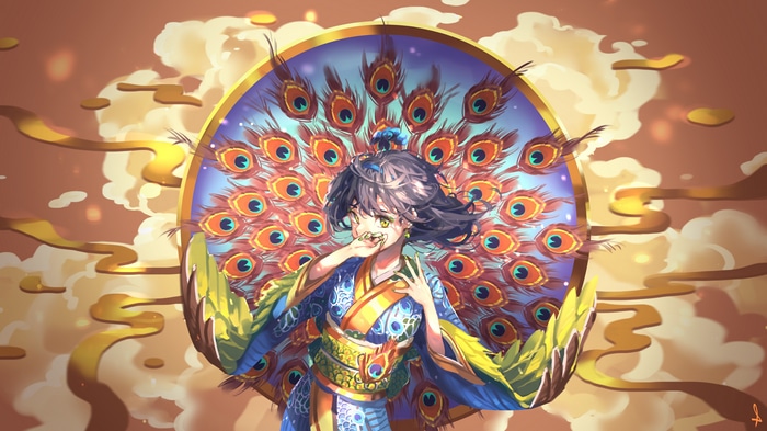 Fantasy girl with peacock feathers and traditional clothing