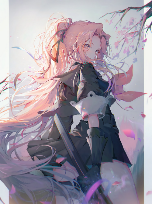 Anime girl with pink hair and ponytail looking back