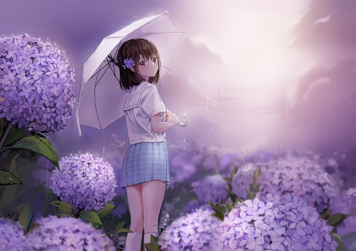 4K Schoolgirl with Umbrella in Hydrangeas