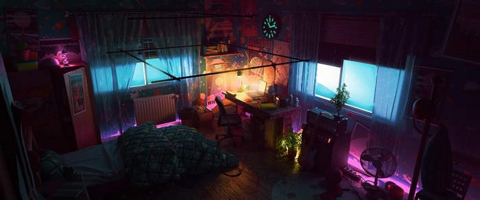 A neon-lit bedroom with a bed and desk