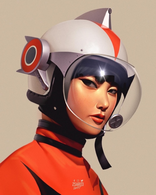 Woman in a futuristic helmet and orange suit