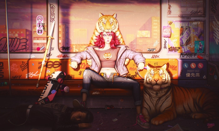 Woman with tiger hat and tiger on a train