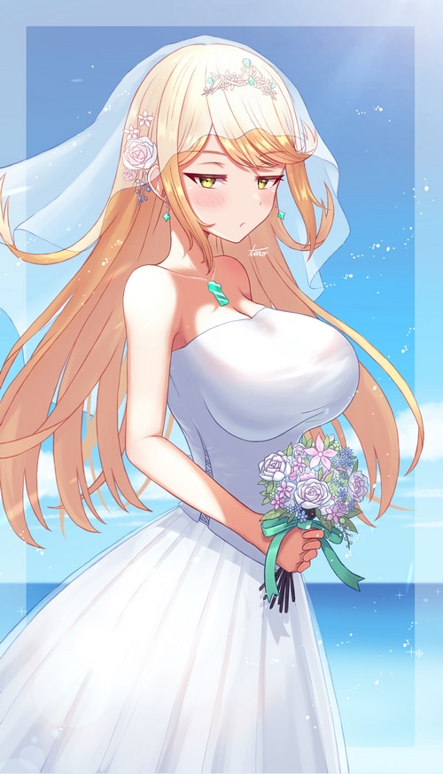 Hikari in a Wedding Dress Holding Flowers