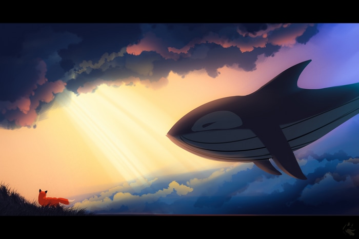 A whale and a fox under dramatic clouds