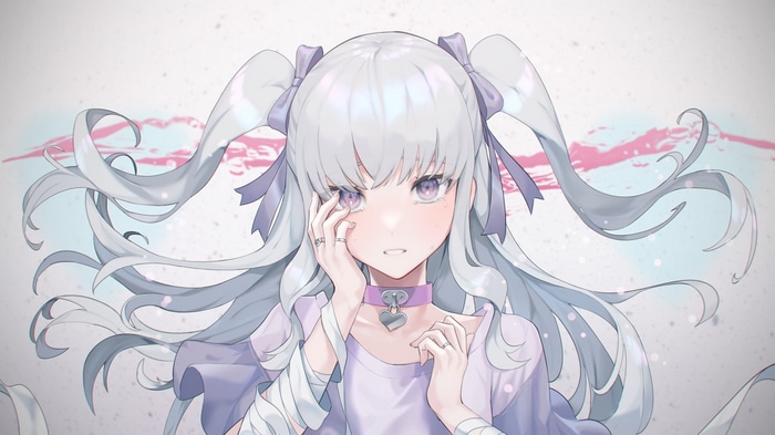 Anime girl with white hair and purple eyes