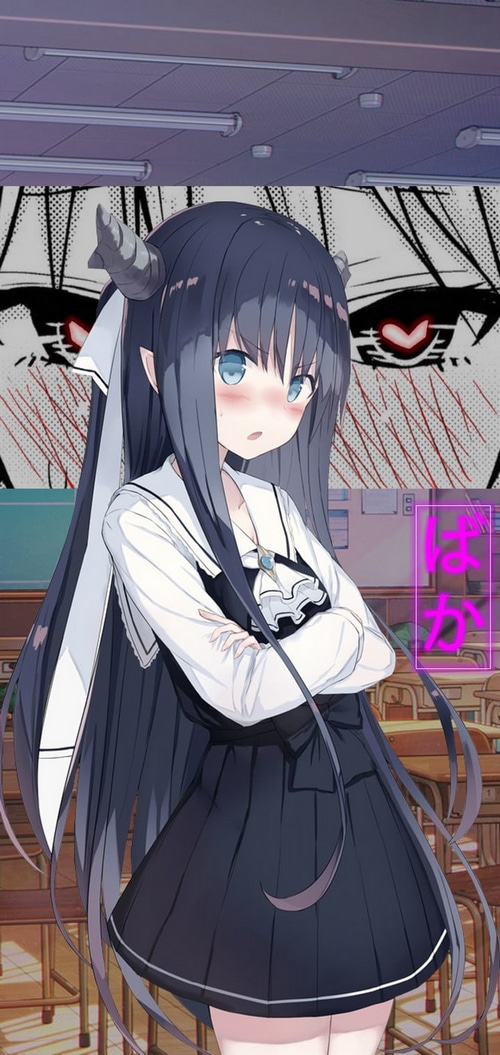 Anime girl with horns in a classroom