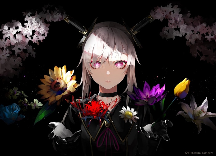 Girl with white hair and pink eyes surrounded by flowers