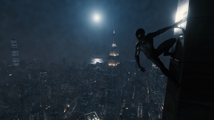 Spider-Man on a building in New York City at night