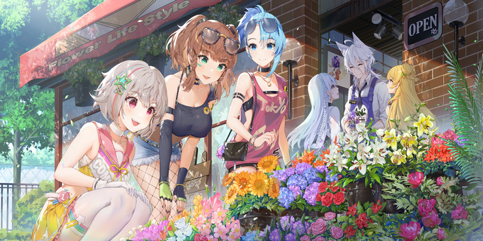 Anime girls in summer outfits at a flower shop
