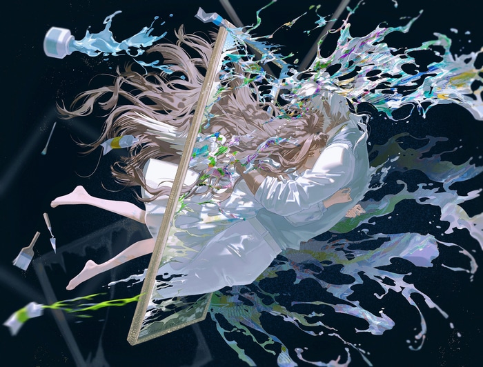 Anime couple embracing amidst colorful paint splashes