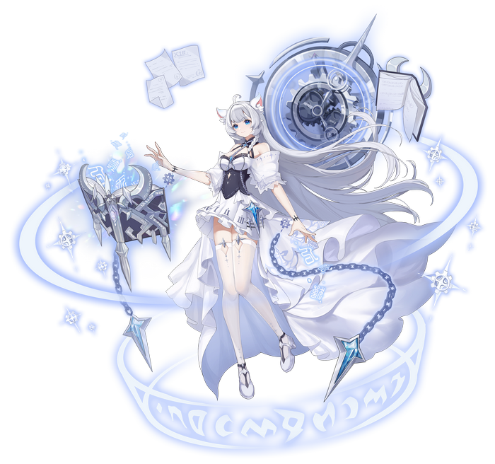 Cat girl with white hair and blue eyes holding a book