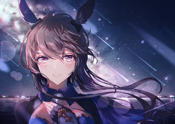 Admire Vega from Uma Musume Pretty Derby crying under the stars