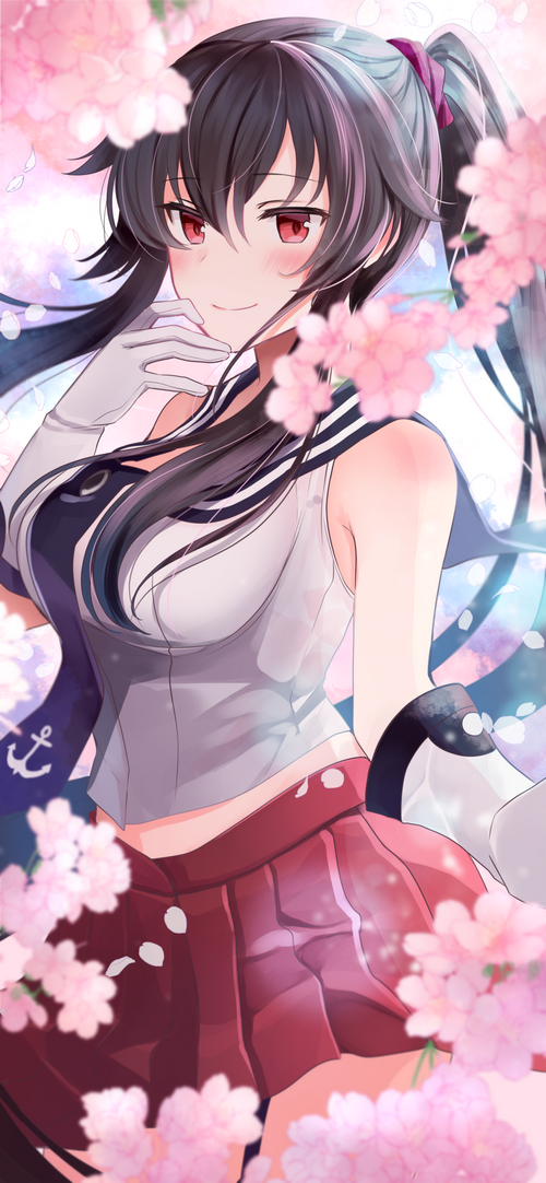 Yahagi from Kantai Collection surrounded by cherry blossoms