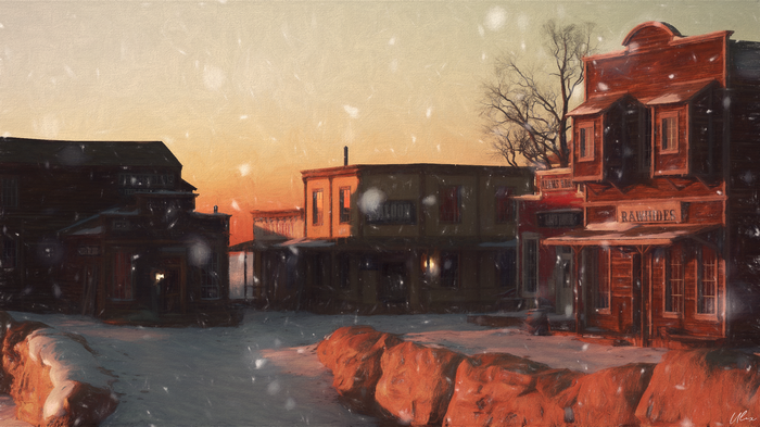 Oil painting of a snowy Colorado town at sunset