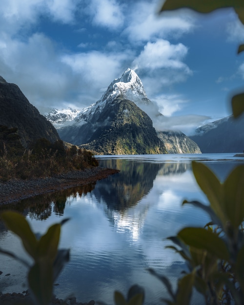 Snow-capped mountain reflected in water
