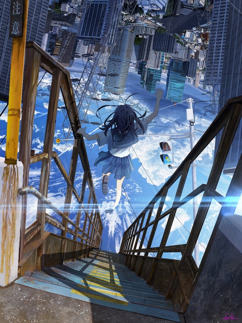 Schoolgirl falling from an upside-down cityscape