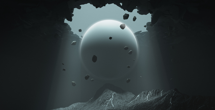 Abstract cave with floating rocks and a large sphere