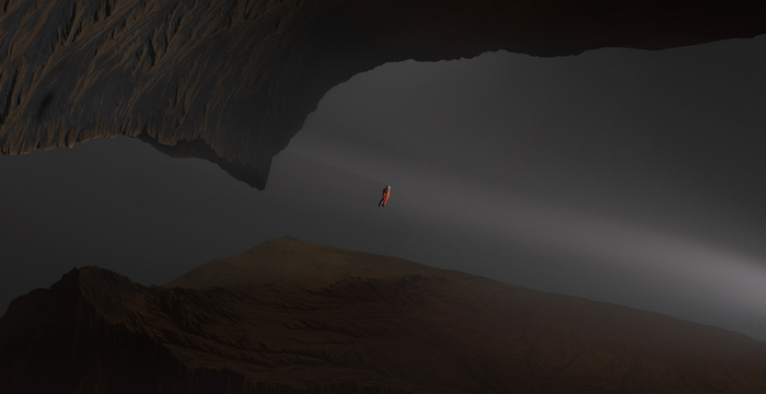 Astronaut in a rocky cave with light beam