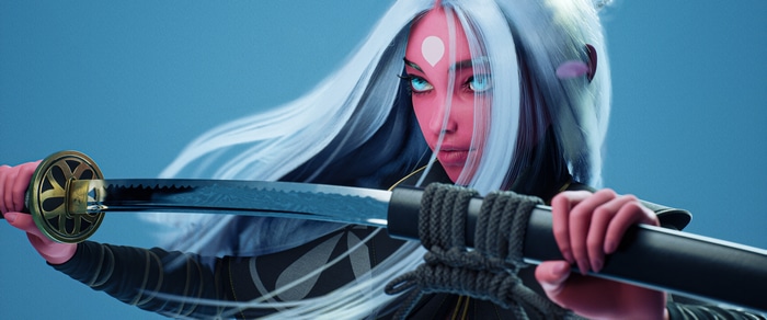 Fantasy girl with katana, blue eyes, Unreal Engine 5 artwork