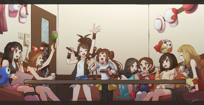 Pokémon girls singing karaoke with Piplup, Rowlet, and Fennekin