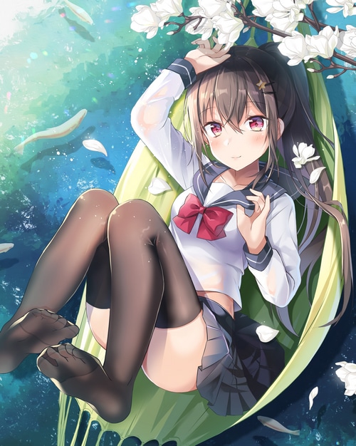 Girl in Sailor Uniform Lying in Hammock with Flowers