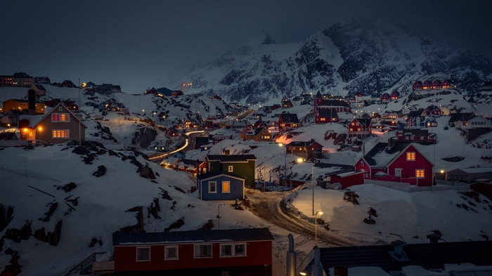 Snowy town of Sisimiut, Greenland at night
