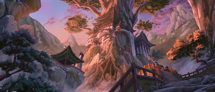 Fantasy mountain monastery built into a giant tree