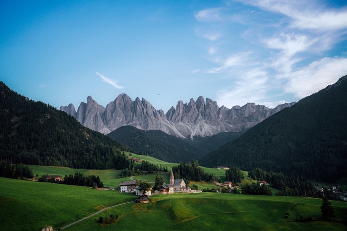 4K landscape of Santa Maddalena village in Italy with mountains