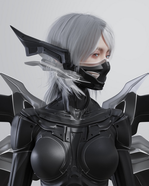 Cyberpunk character with black armor and mask
