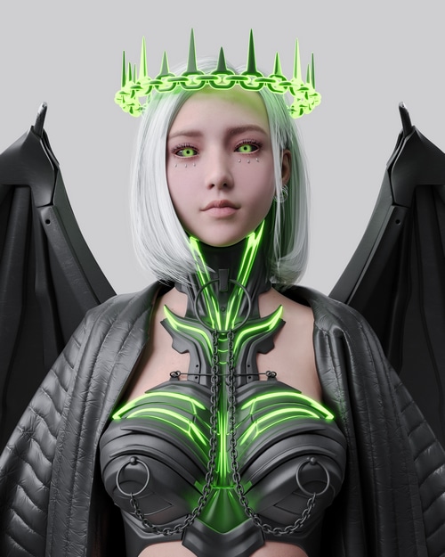 Cyberpunk woman with neon armor and wings