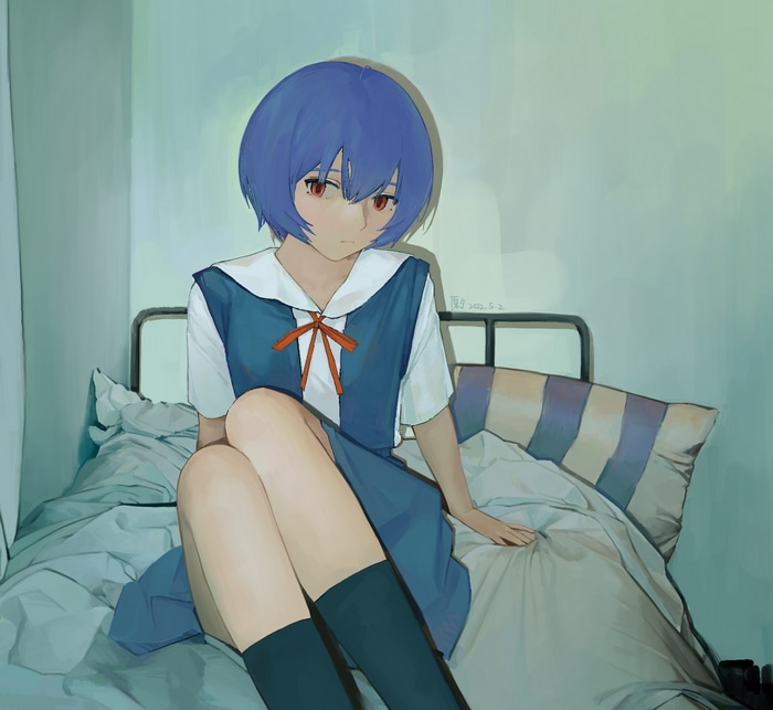 Ayanami Rei from Neon Genesis Evangelion sitting on a bed